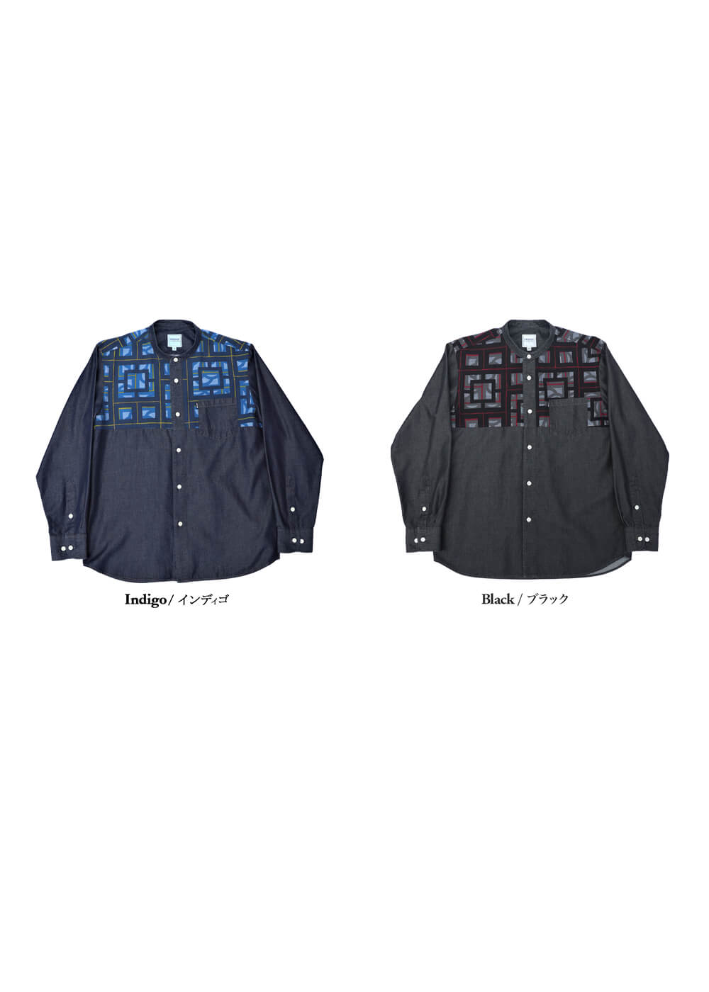 かりゆしウェア（沖縄版アロハシャツ） MAJUN - ブロックライン×デニム　L/S