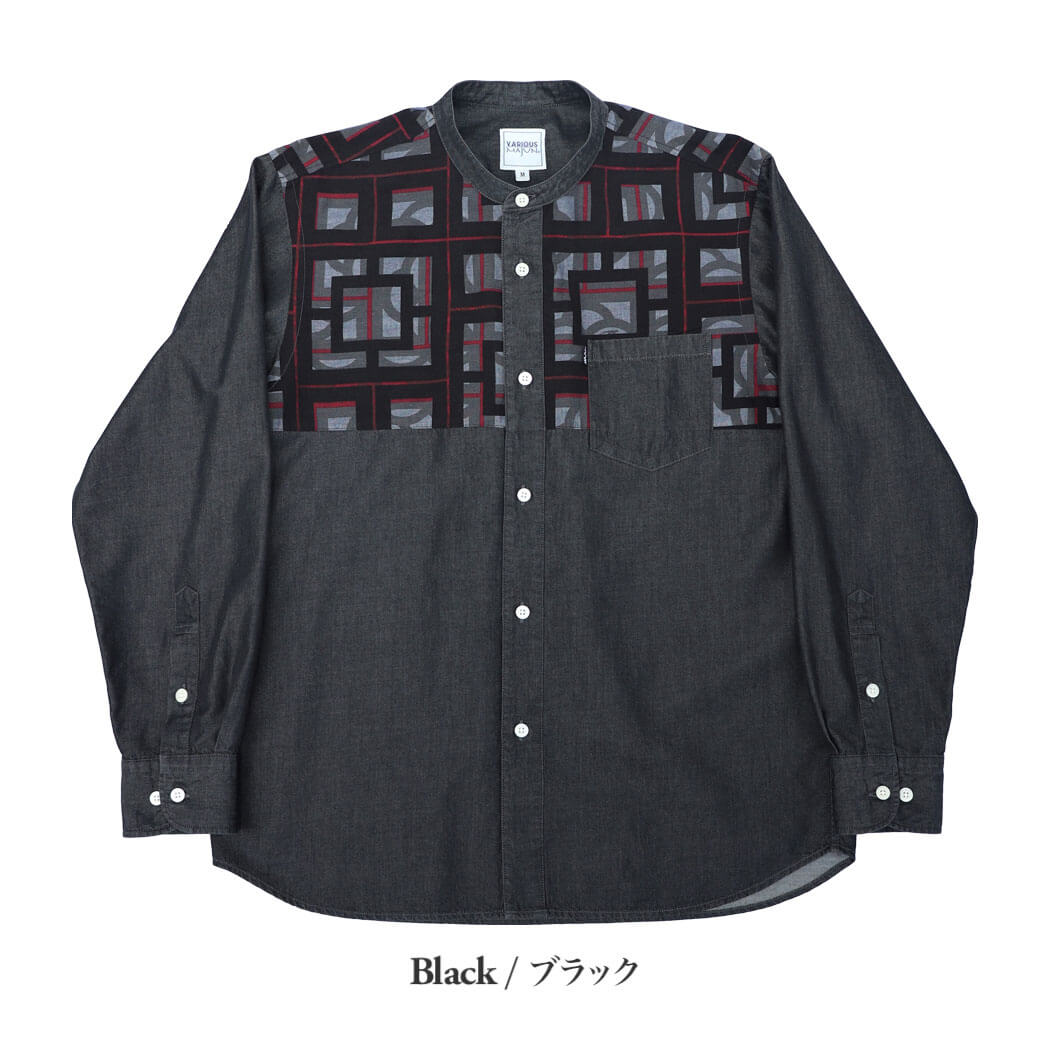 かりゆしウェア（沖縄版アロハシャツ） MAJUN - ブロックライン×デニム　L/S