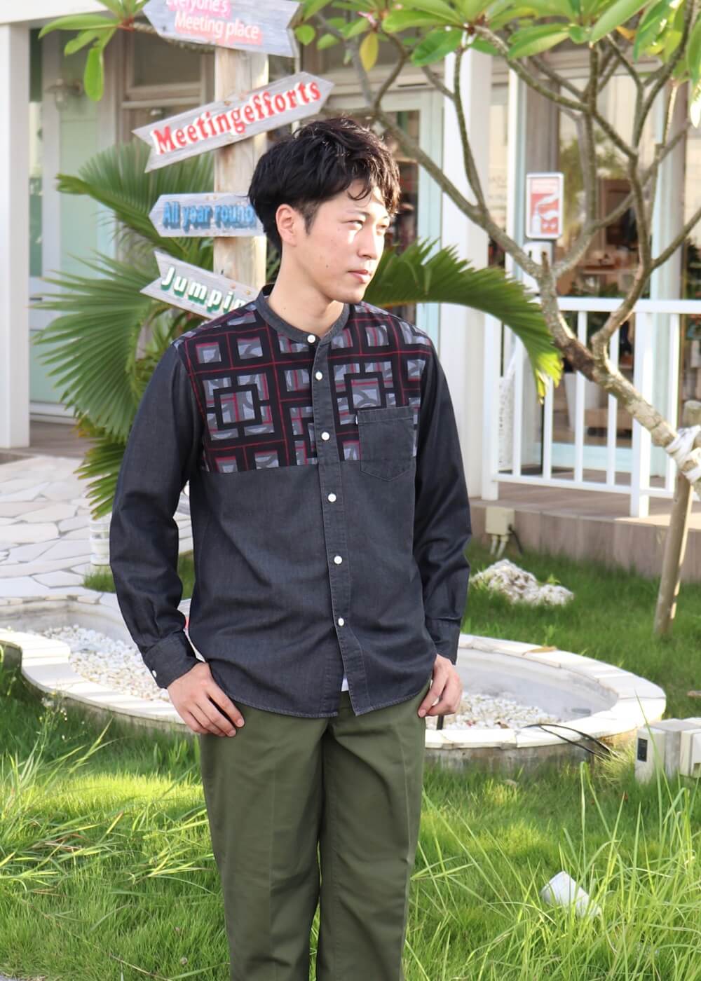 かりゆしウェア（沖縄版アロハシャツ） MAJUN - ブロックライン×デニム　L/S