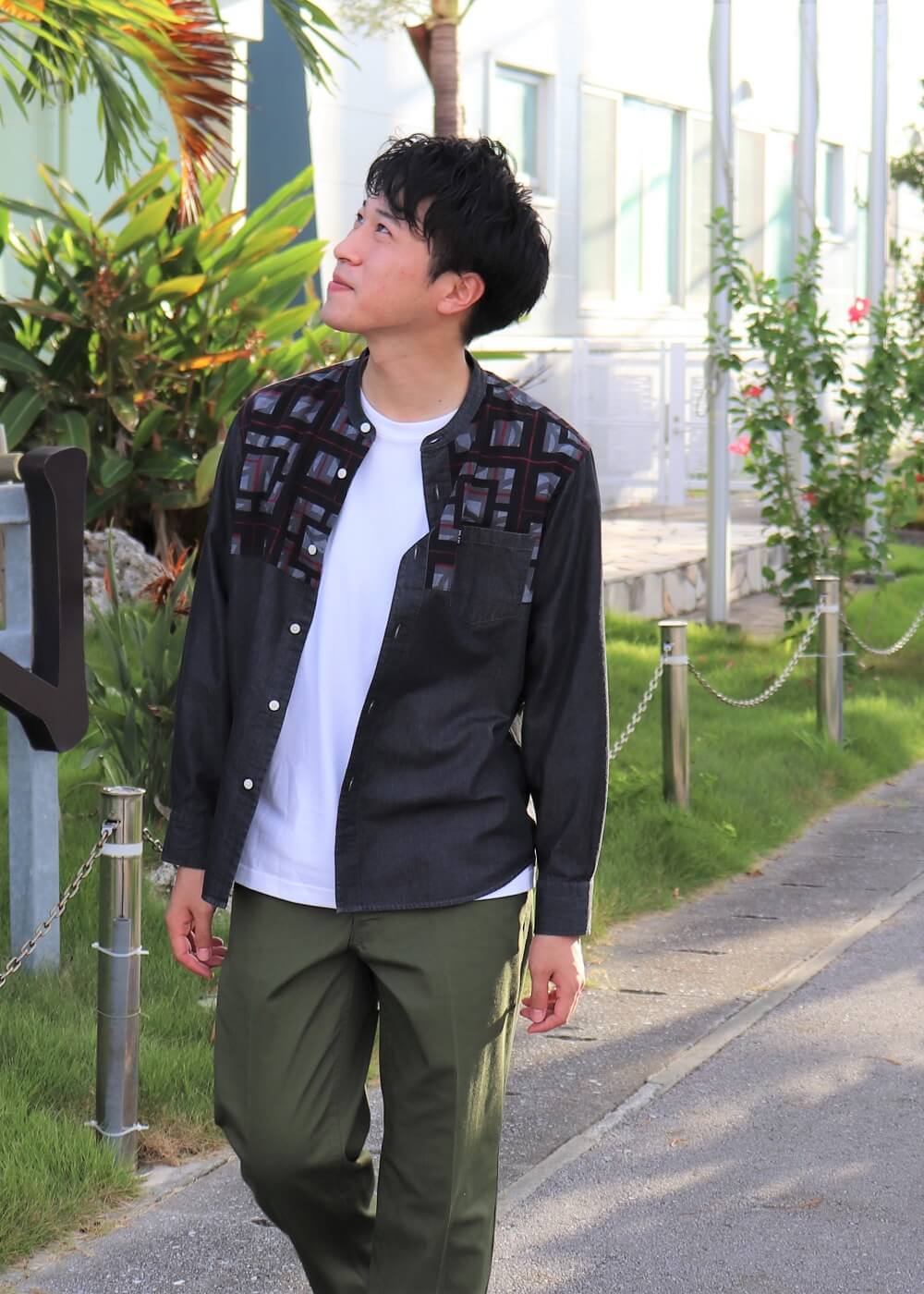 かりゆしウェア（沖縄版アロハシャツ） MAJUN - ブロックライン×デニム　L/S