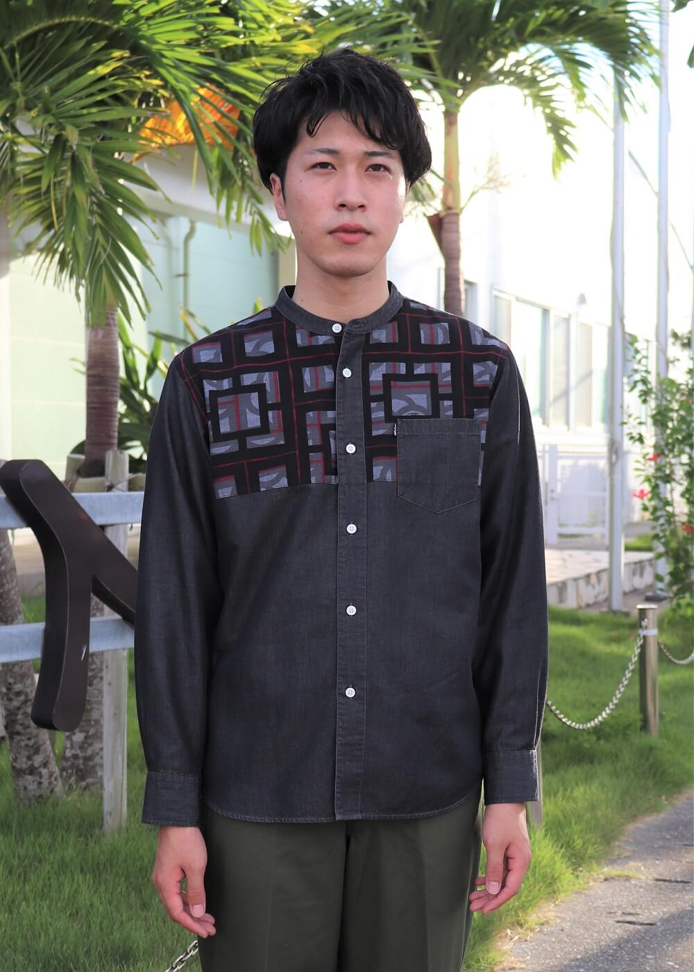 かりゆしウェア（沖縄版アロハシャツ） MAJUN - ブロックライン×デニム　L/S