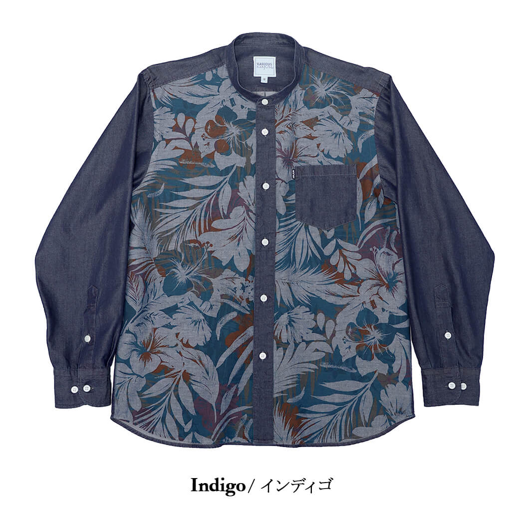 かりゆしウェア（沖縄版アロハシャツ） MAJUN - フロートブルーム×デニム　L/S