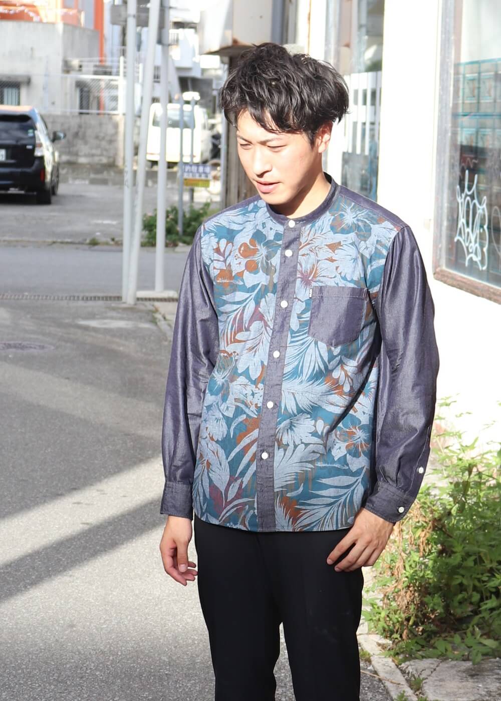 かりゆしウェア（沖縄版アロハシャツ） MAJUN - フロートブルーム×デニム　L/S